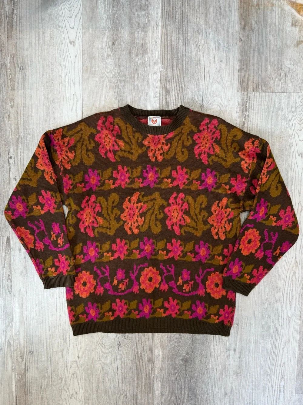 Vintage Stefanel Italy Floral Jacquard Knit Sweater Pink Orange Brown Crewneck L